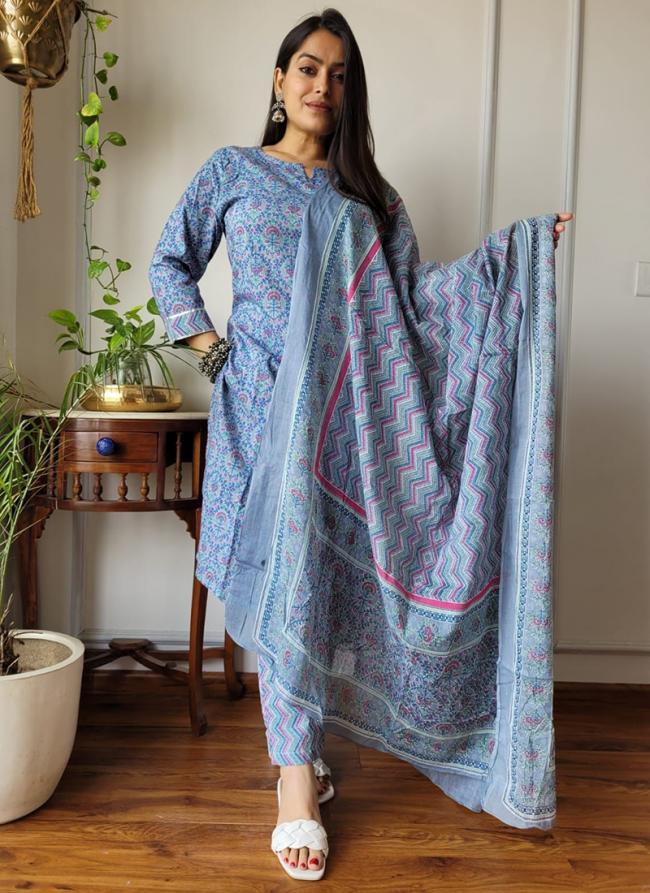 Cotton Sky Blue Casual Wear Printed Readymade Salwar Suit